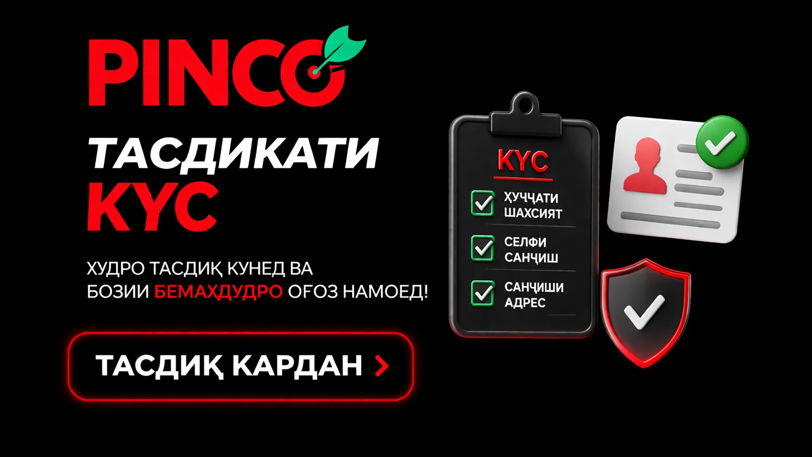 Тасдиқи KYC дар Pinco Casino барои Тоҷикистон