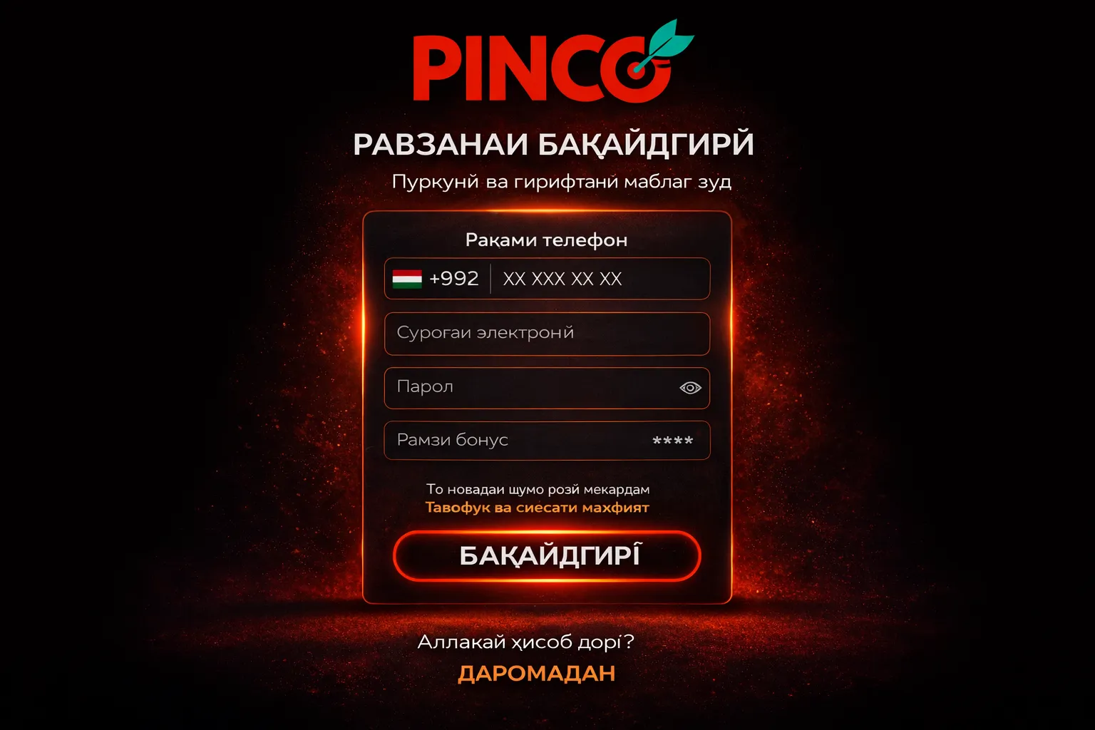 Шакли бақайдгирӣ дар Pinco Casino барои бозикунандагони Тоҷикистон